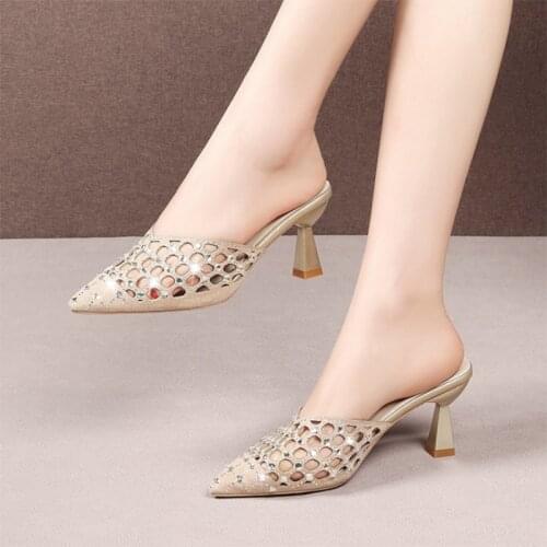 New Summer Womens Fashion Sandals Slipper Rhinestone Mesh Hollow Out Pointed Toe High Heel Sexy Womens Shoes Tenis Feminino