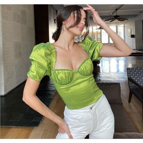 New pure color draw ruffles lace bosom wrap navel show back slim T shirt T