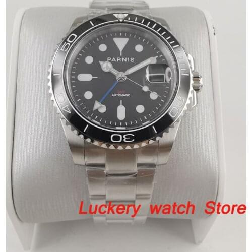 New Parnis 40mm black dial blue GMT luminous marks Black Ceramic Bezel sapphire glass automatic Mens Watch-PA87