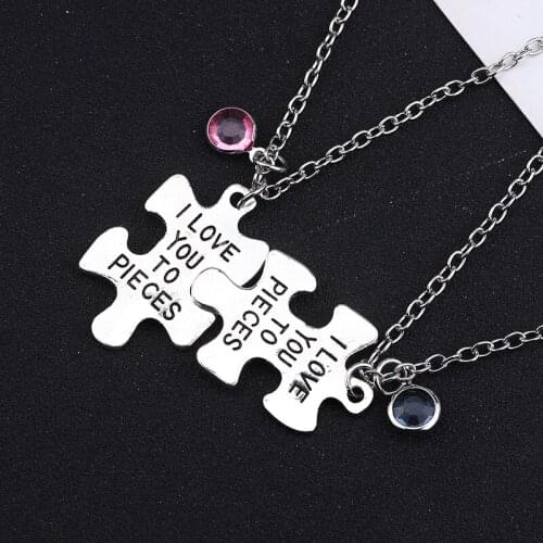 2 Pcs/set Lettering "I Love You To Pieces" Necklace For Couples Lovers Crystal Puzzles Pendant Necklaces Romantic Jewelry Gifts