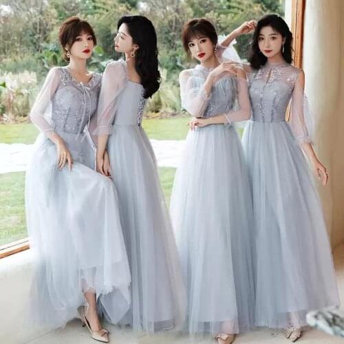 Bridesmaids Dresses Three Quarter O-Neck Tulle Lace Embroidery Off The Shoulder A-Line Floor-Length Lady Wedding Party Gown E460