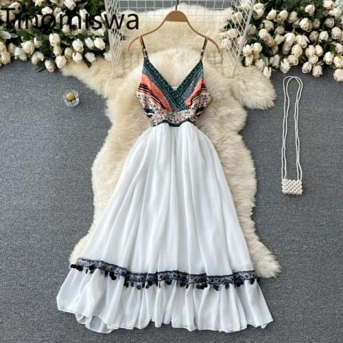 Tinomiswa Beach Style Spaghetti Strap Dress Women Summer New V Neck Floral Printed High Waist Holiday Dresses Vestidos Mujer