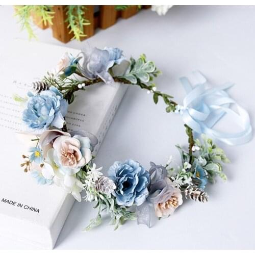 Boho Beach Holiday Wreath Headband Artificial Blue Flower Crown Halo Garland Fake Eucalyptus Leaves Wedding Headpiece