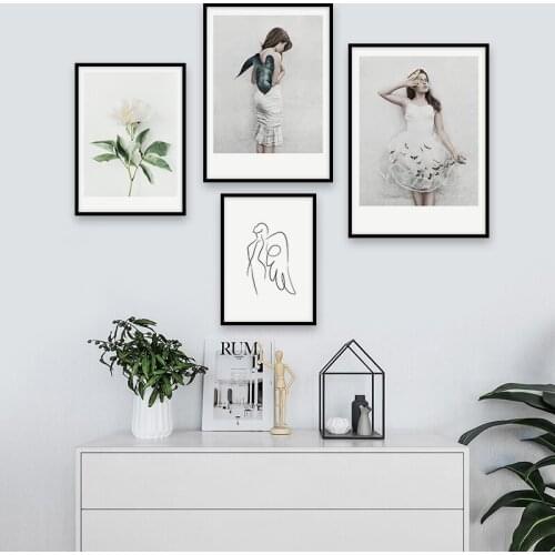 Nordic Poster Girl Angel Flower Wall Art Canvas Print Modern Painting Abstract Line Art Decoration Picture For Living Room Decor