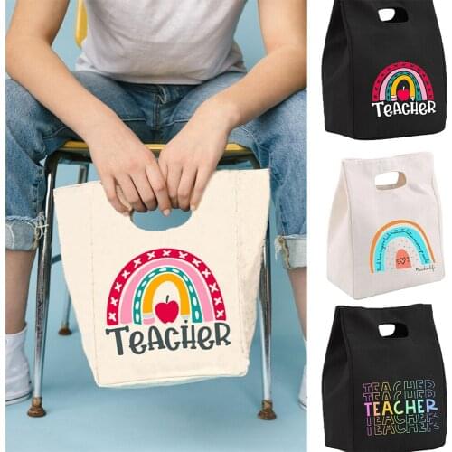 Rainbow Teacher Life Thermal Insulated Canvas Office Lunch Bag Reusable School Food Organize Storage Travel Cooler Handbag Gift