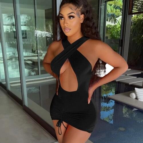 Halter Sexy Crossed New Drawstring Hollow Out Bandage Party Nightclub Dress Solid Women Off the Shoulder Mini Black Vestidos