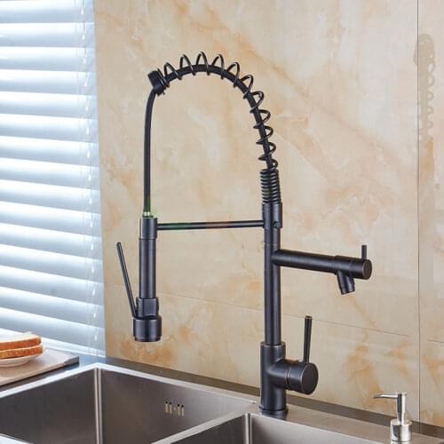 Kitchen Faucets Black/Chrome Brass Spring Type Fixed Support 360 Rotate Kitchen Faucet Button Dual Spout Crane Sink Mixer Taps