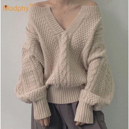 V Neck Women Autumn Winter Sweater Basic Thick Warm Knitted Jumper Top Femme Casual Loose Pullover Sweater 2020 New