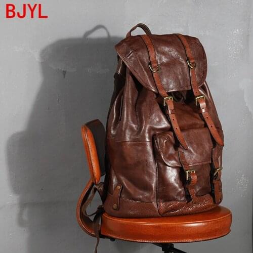 Mens Backpack Male Retro Genuine Leather Large Capacity Bucket Bag Men Travel Backpacks Cowhide Leather 2020 New Original Solid