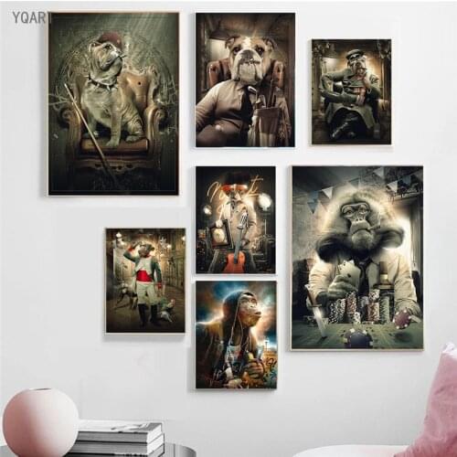 Funny Animals Holding The Party Canvas Paintings Picture Dog and Monkey Talent Show Posters and Print for Modern Home Room Decor