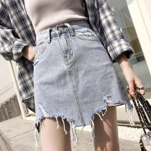 2020 new high-waist denim short skirt female summer a-line bag hip skirt hole trim skirt