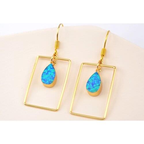 BOROSA Blue Japanese Opal Dangle Earrings Gold Rectangle Opal Drop Earrings for Women Manmade Teardrop Opal Earrings HD0191