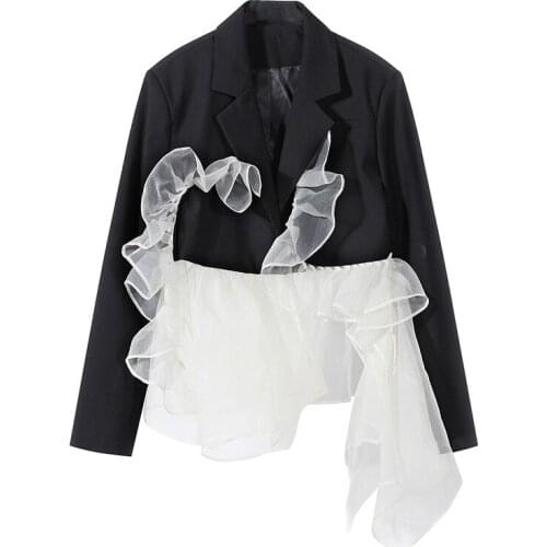 High Fashion Organza Ruffle Stitching Chic Suit Jacket 2021 New Design Irregular Black Long Sleeve Coat Brand Clothes Women