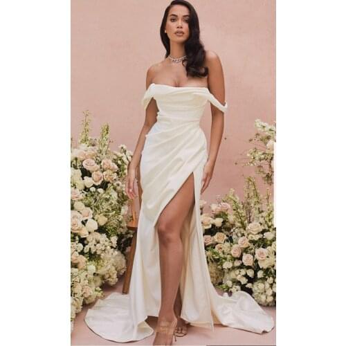 Elegant Long Mermaid Off Shoulder Wedding Dresses with Slit Zipper Back Pleats Satin Robes De Mariée Bridal Gown For Women
