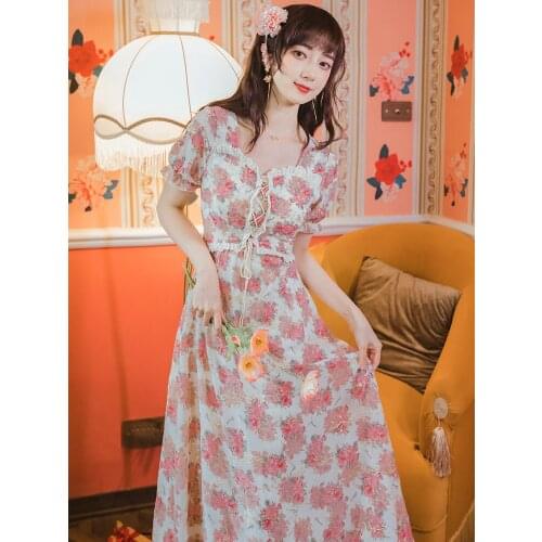 Vintage Floral Print Women Dresses 2021 Summer Chic Square Neck Puff Sleeves Lace-Up Elegant Gentle Romantic Fairy Dress