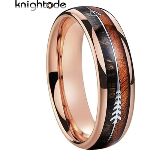 6mm Rose Gold Tungsten Wedding Band Stainless Steel Arrow/Wood Inlay For Women Engagement Gift Tungsten Rings Dome Polished