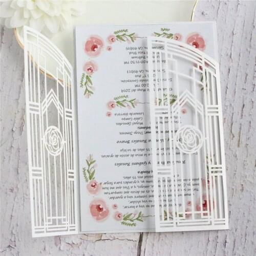 White invitation card elegant laser cut double fold customiable greeting card 50pcs