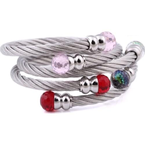 Fashion 316L titanium steel Five Color Crystal rhinestone pave beads clasp cable bracelet bangle