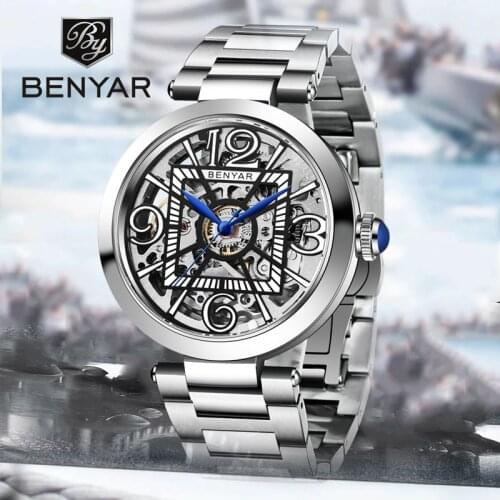 BENYAR Automatic Watches Men Mechanical Wristwatch Mens Top Brand Luxury Stainless Steel Skeleton Watch Men Relogio Masculino