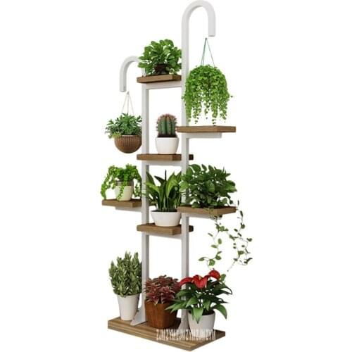 7895 Multi-Layer FloorType Wood Flower Rack Wood Plant Shelf Pergola Chipboard Steel Frame Balcony Flowerpot Holder With Hook