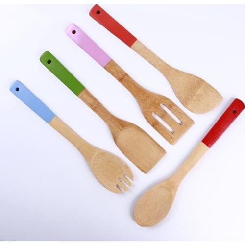 5Pcs/set Mixing Holder Dinner Food Rice Wok Shovels Tool Cooking Utensils Bamboo Wood Kitchen Slotted Spatula Spoon
