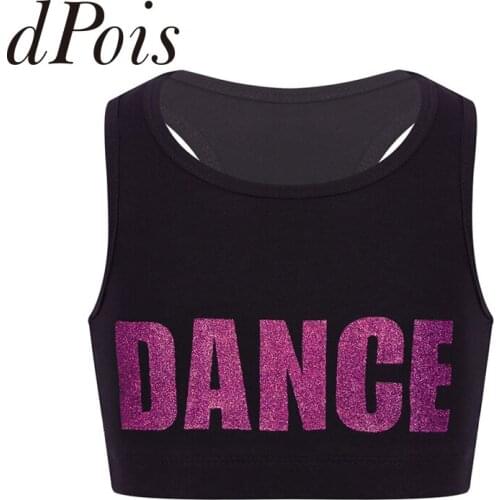 Kids Girls Racerback Sleeveless Shiny Letters DANCE Printed Crop Top for Dance Stage Performance Workout Gymnastics Sports Bras
