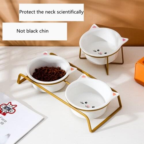 Cat Bowl Ceramic Double Bowl Protection Cervical Spine Anti-Overturning Water Dual-Use Cat Food Holder Cat Supply Pet Bowl Bowl