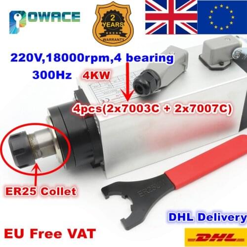 [EU Stock] Square 4KW ER25 Air Cooled Spindle Motor 220V 18000rpm 4bearing 300Hz Engraving Milling Grind 18A Wood Working