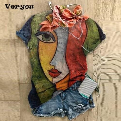 2021 O Neck Tshirt Womens Summer Casual Oversize Print Shirt Tops Loose Vintage Female Tee Streetwear Y2K Short Sleeve Clothes