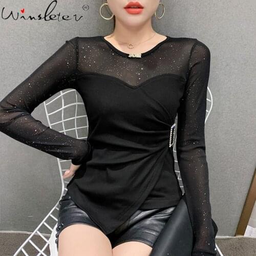Spring Fall Korean Style T-Shirt Girl Fashion Sexy Drape Diamonds Patchwork Mesh Irregularity Cotton Women Tops Tees T11405A