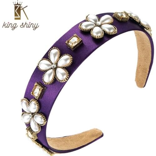 King Shiny Vintage Baroque Imitation Pearl Flower Headband Chic Geometric Crystal Beaded Hairband Girls Party Tiara Bezel Crowns