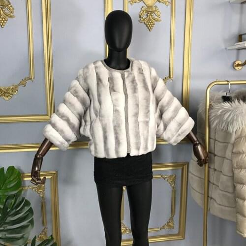 Coat Jacket Real Rabbit Fur Outwear Classic Round Collar Winter Fashion Batwing Sleeve Short Loose style