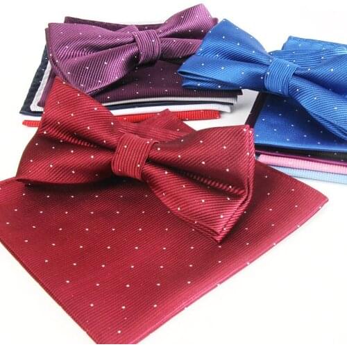 Mens Polka Dot Bowties Pocket Square Set Tuxedo Party Neckties Butterfly Jacquard Bowtie 20Colors, 100set