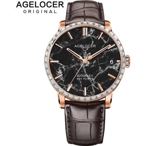 AGELOCER Self-Wind Mechanical Watches Men Swiss Brand Power Reserve 80 Hours Natural Marble Dial Big Date 42pcs crystals Watch