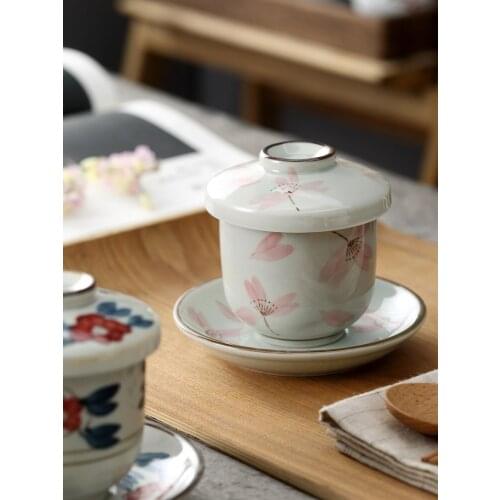 Japanese style steamed egg miso soup bowl three piece set ceramic tableware edible birds nest small cup plate cover 200ml