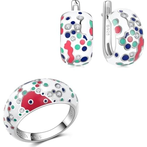 OGULEE 925 Silver Jewelry Sets Vintage Polka Dot Enamel Glaze White Stud Earrings Rings for Women Fashion Anniversary Gifts