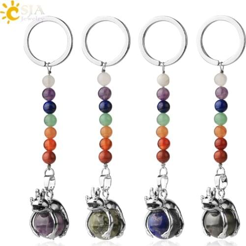 CSJA Natural Stones 7 Chakra Keychains Animal Frog Shape Round Bead Pendant Motorcycle Keyring Women Men Car Bag Key Chains G350