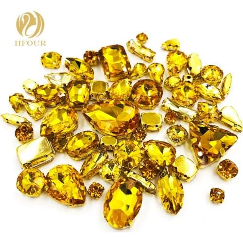 New arrival Gold base mixed shape Golden yellow glass crystal flatback sew on rhinestones with claw DIY Garment/ Shoes/Bag