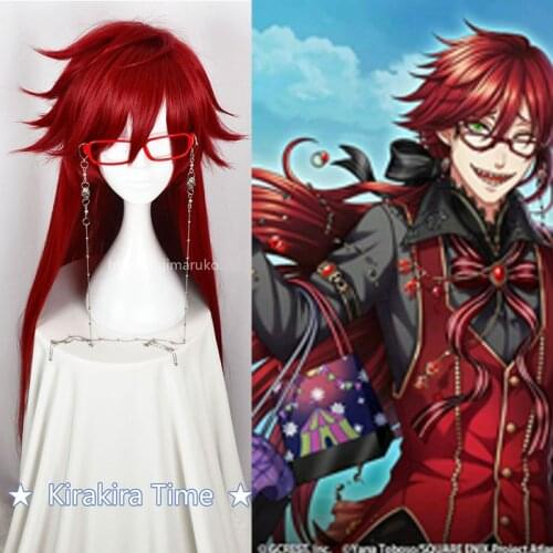 Kuroshitsuji Black Butler Grell Sutcliff Red Long Straight Heat Resistant Hair Cosplay Costume Wig + Skull Chain Glasses