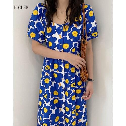 Casual Printed O-Neck Puff Sleeve Dress New 2021 Summer Womens Dress Korean One Piece Dress Ladies Office Dress Long Dress