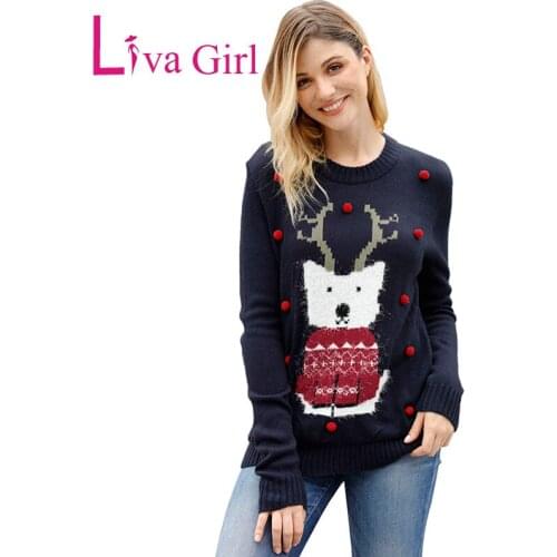 LIVA GIRL Christmas Sweater Women Casual O Neck Long Sleeve Pullovers Cartoon Front Accent Xmas Wear Clothes Navy Deer Sweaters