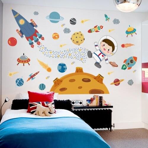 [shijuekongjian] Outer Space Wall Stickers DIY Planets Rockets Astronaut Wall Decals for Kids Rooms Baby Bedroom Home Decoration
