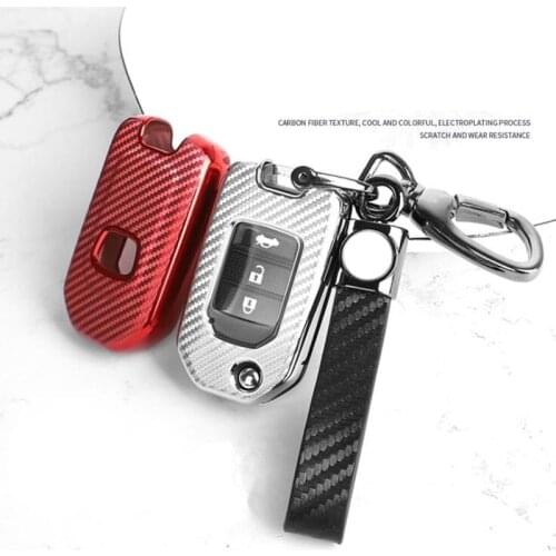 Carbon Fiber TPU Car Key Case For Honda Civic X-RV Jazz Greiz Crdder 3 Buttons Folding Remote Fob Protector Cover Keychain