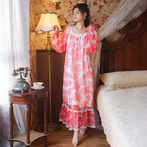 Women Printed Modal Nightgown Gauze Soft Long Pattern Nightdress Long Sleeve Sweet Princess Pretty Printing Sleepwear Home Dress
