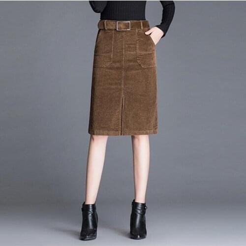 Autumn Winter Corduroy Skirt Women High Waist Straight Skirt Laides Knee Length Elegant Office Mid Long Skirt Skirts Womens S443