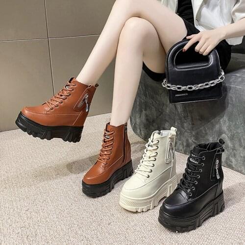 Womens Ankle Boots British Pure Color Increased Thick-soled Anti-skid Zipper Motorcycle Boots