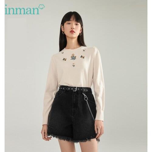 INMAN Autumn Winte Womens Sweater Fresh Flowers Embroidery Pullover Round Collar All-Match Female Knitted Top
