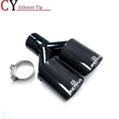 1 Piece Black Stainless Steel Universal Curly Dual Glossy Crbon Fiber Exhaust End Tail Pipe Muffler Tip With Remus Logo