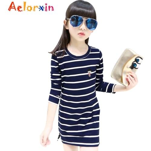 2018 Kids Girls Dress Cotton Striped Long Sleeve Girls Clothing Autumn Casual Children Girls Dress 4 5 6 7 8 9 10 11 12 13 Years