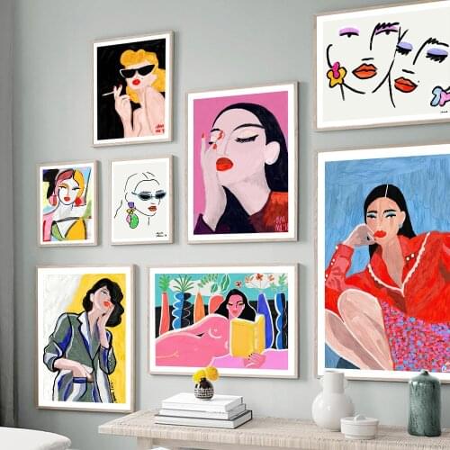 Abstract Fashion Office Girl Poster Print Nordic Colorful Line Face Canvas Painting Wall Art Picture For Livingroom Unique Decor